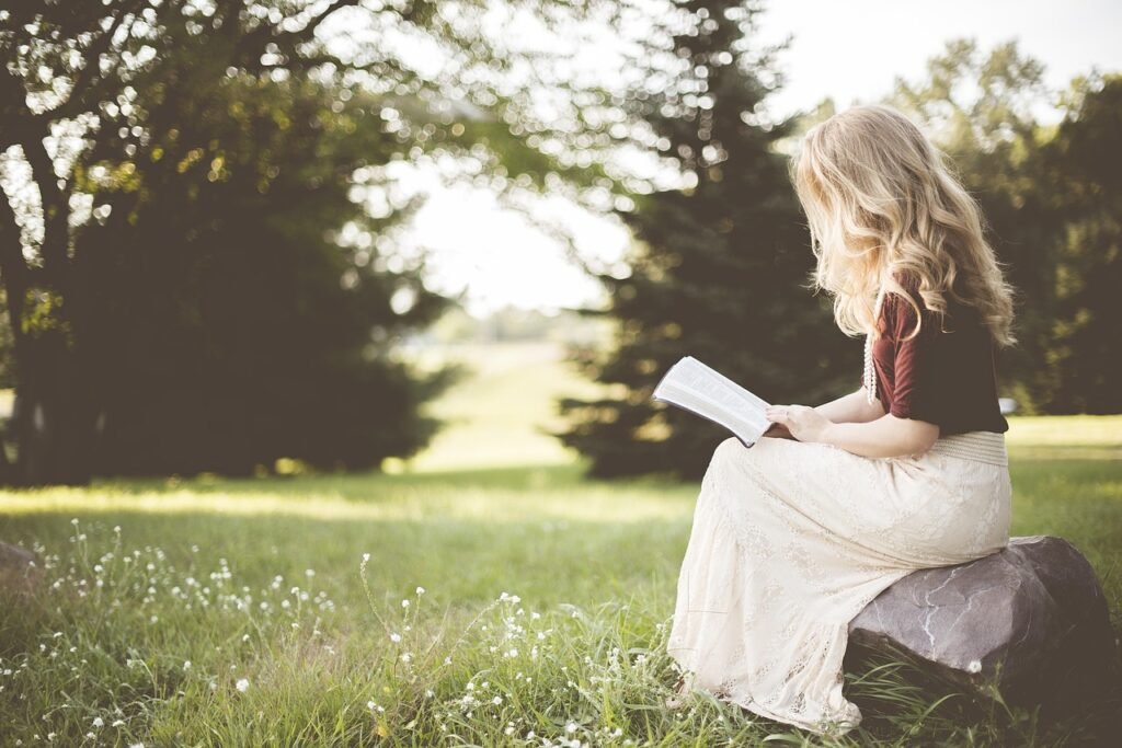 blonde, girl, book, reading, sit, nature, sitting, young woman, reading a book, reading girl, grass, outdoors, woman