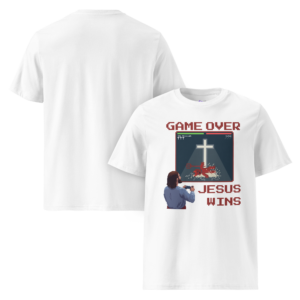 the gamer's choice: jesus wins 8 bit gamer shirt retro video game christian tee 1 john 3:8 victory boss battle dtflex premium graphic tee